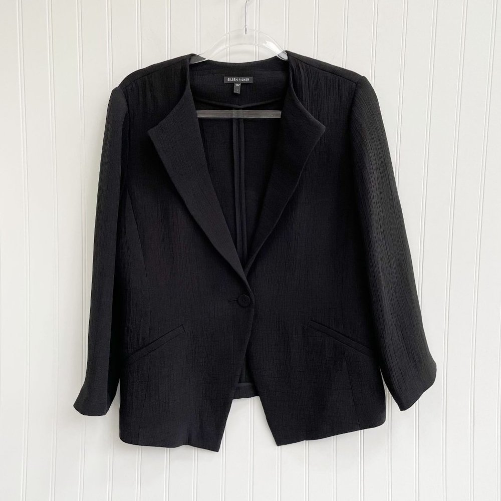 Eileen Fisher Lightweight Silk Sponge Blazer Jacket Black Size L